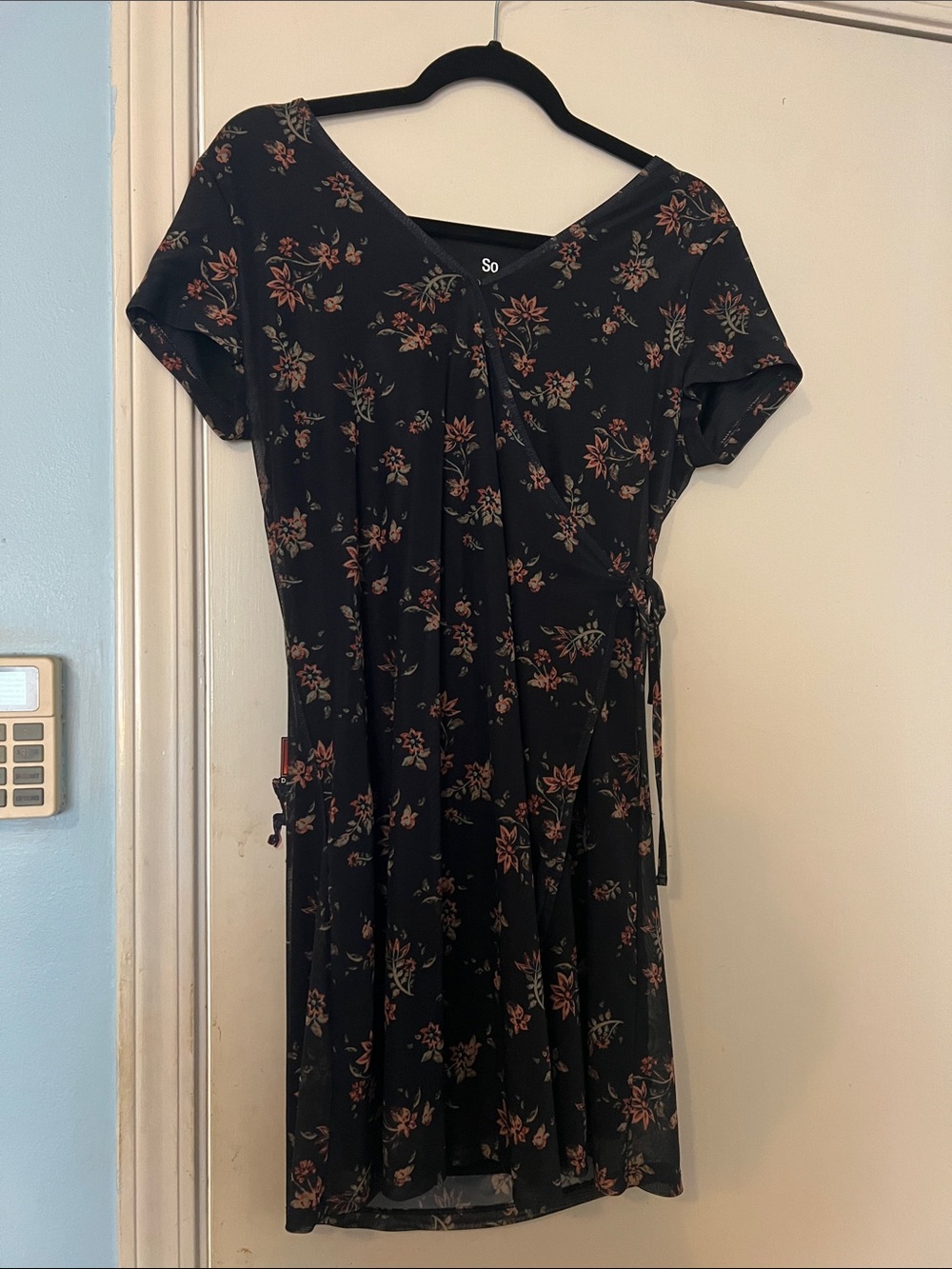 SO Black Floral Midi Wrap Dress with Rust Pink Flowers